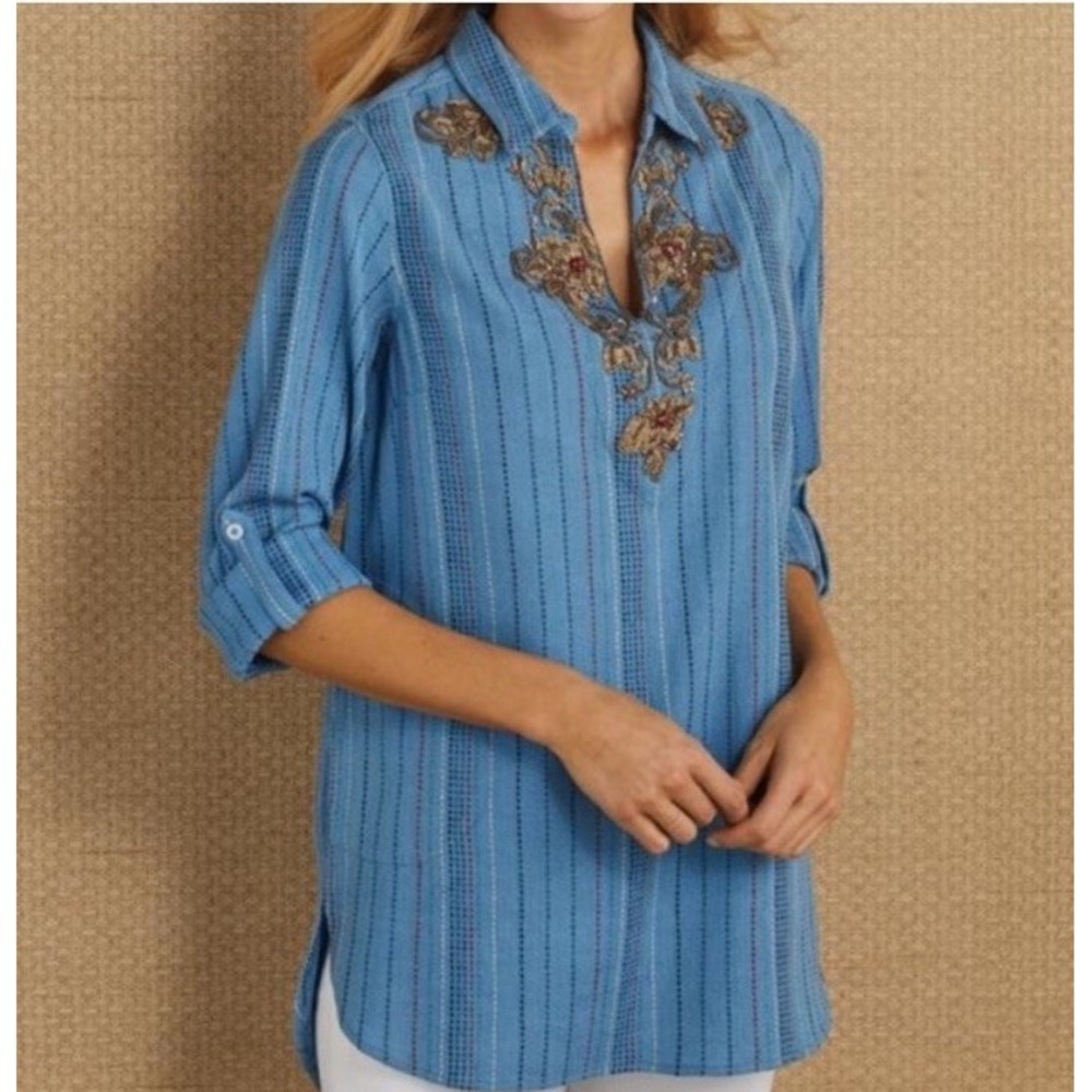 Soft Surroundings Blue Stripe Beaded Embroidered Tunic Top Womens M Boho Coastal